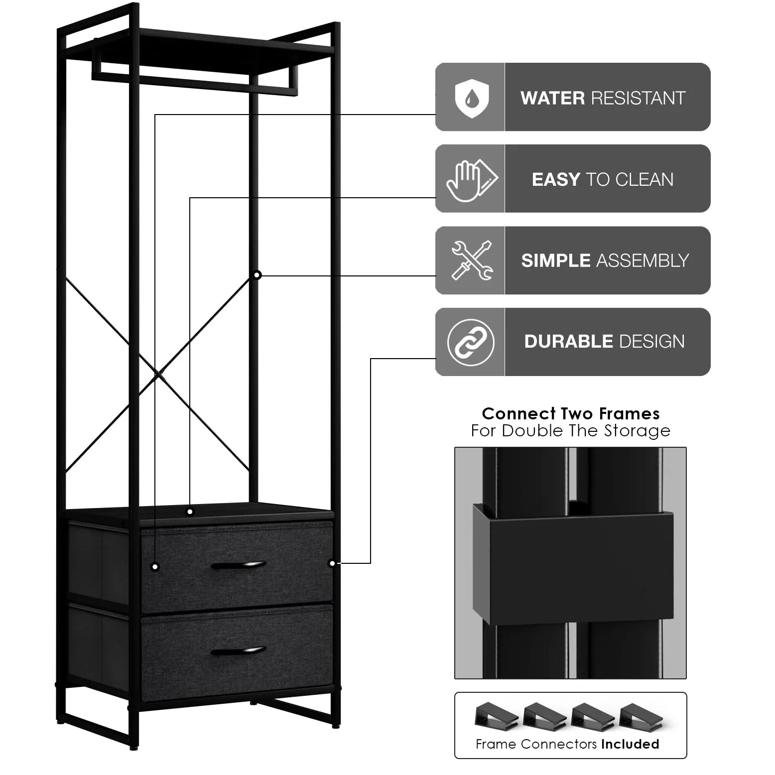 2 Drawer Tall Clothing Rack Storage