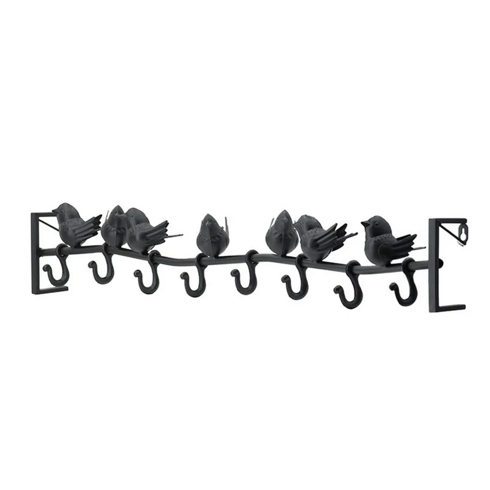 38 Inch Wall Hooks, Perched Birds, 8 Coat Hooks, Black Iron, Vintage Style By Casagear Home