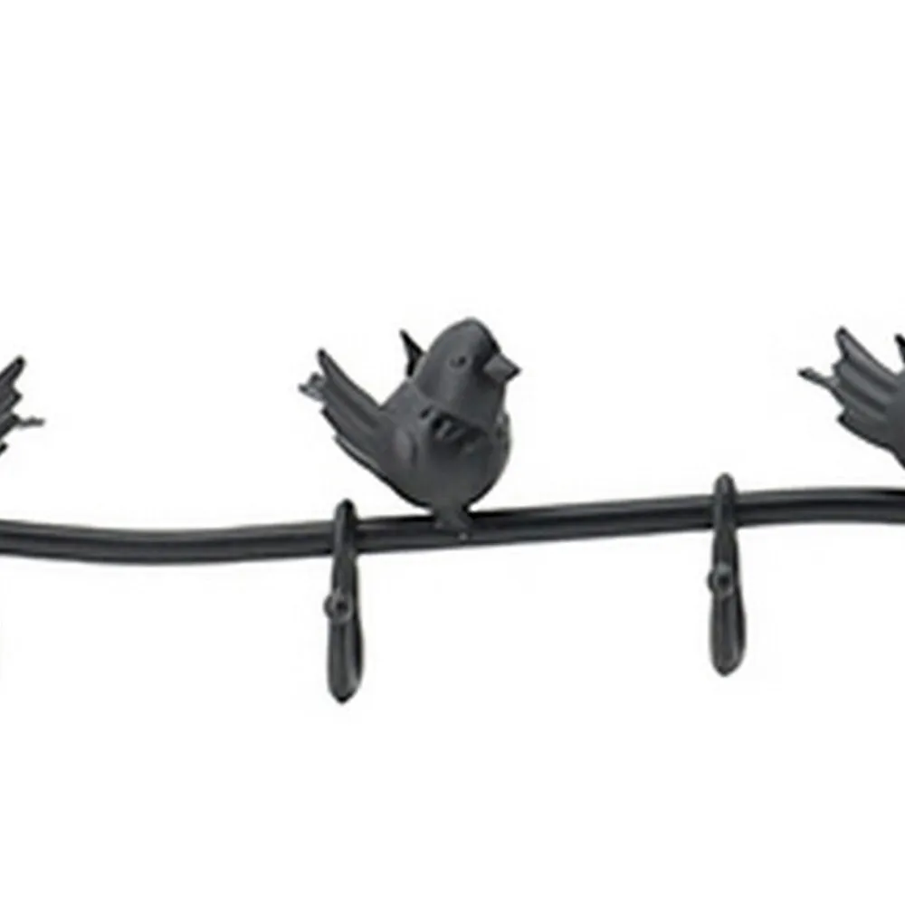 38 Inch Wall Hooks, Perched Birds, 8 Coat Hooks, Black Iron, Vintage Style By Casagear Home