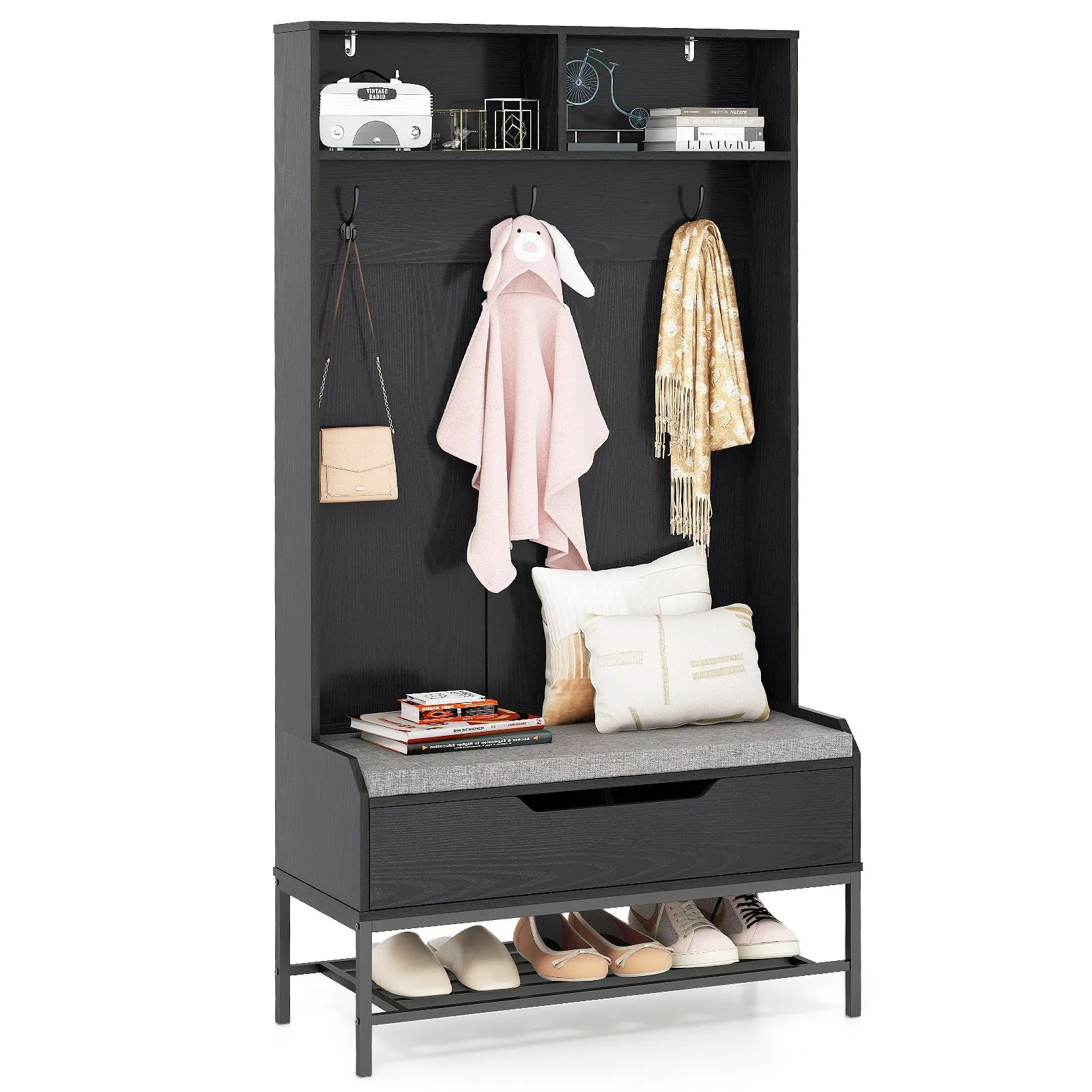 4-in-1 Coat Rack with Seat Cushion and Open Compartments-Black