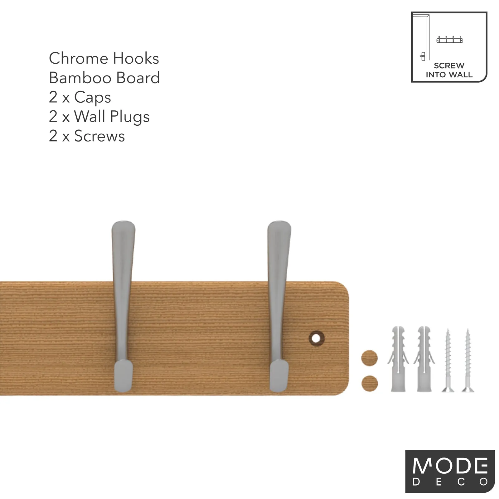 6 Chrome Hooks on Bamboo Board Hat & Coat Rack