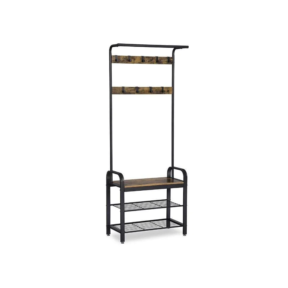 72" Industrial Metal Framed Coat Rack, 9 Hooks, 2 Storage Shelves, Rustic Brown, Black By Casagear Home