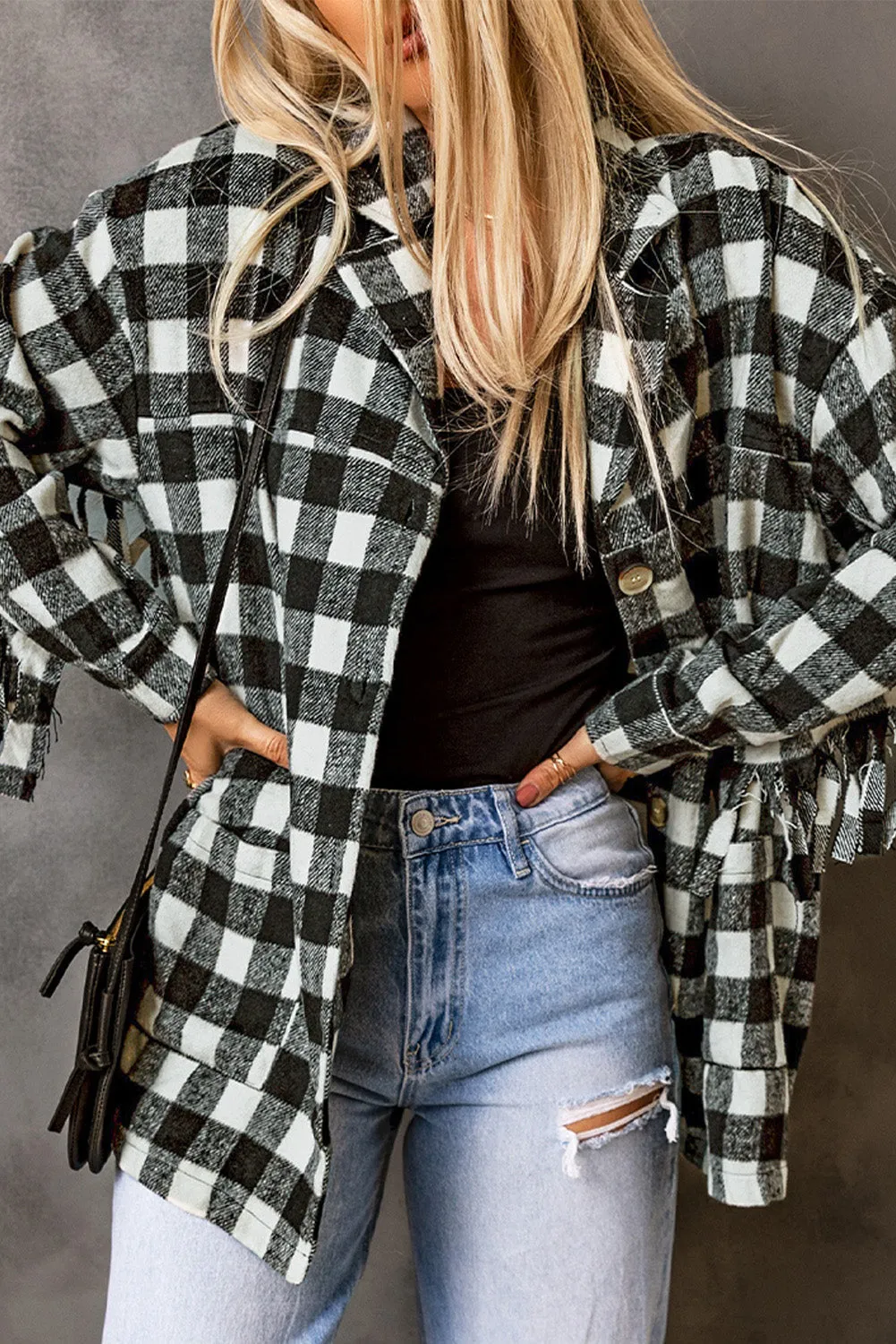 Black Fringed Plaid Print Shacket