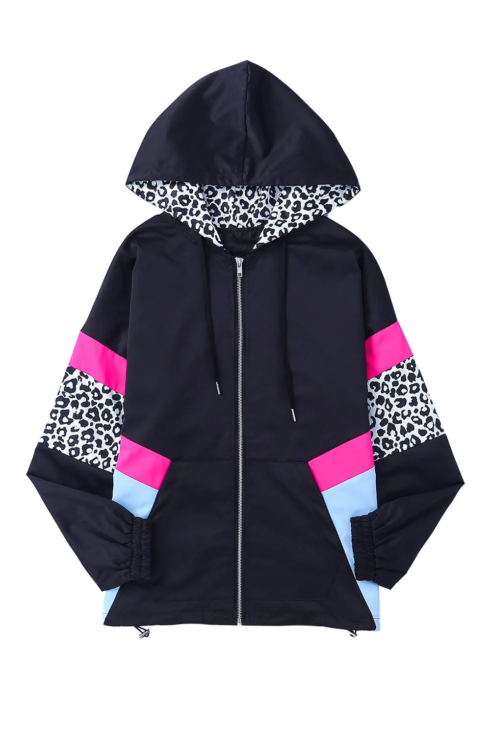 Black Leopard Color Block Pockets Zip-Up Hooded Jacket