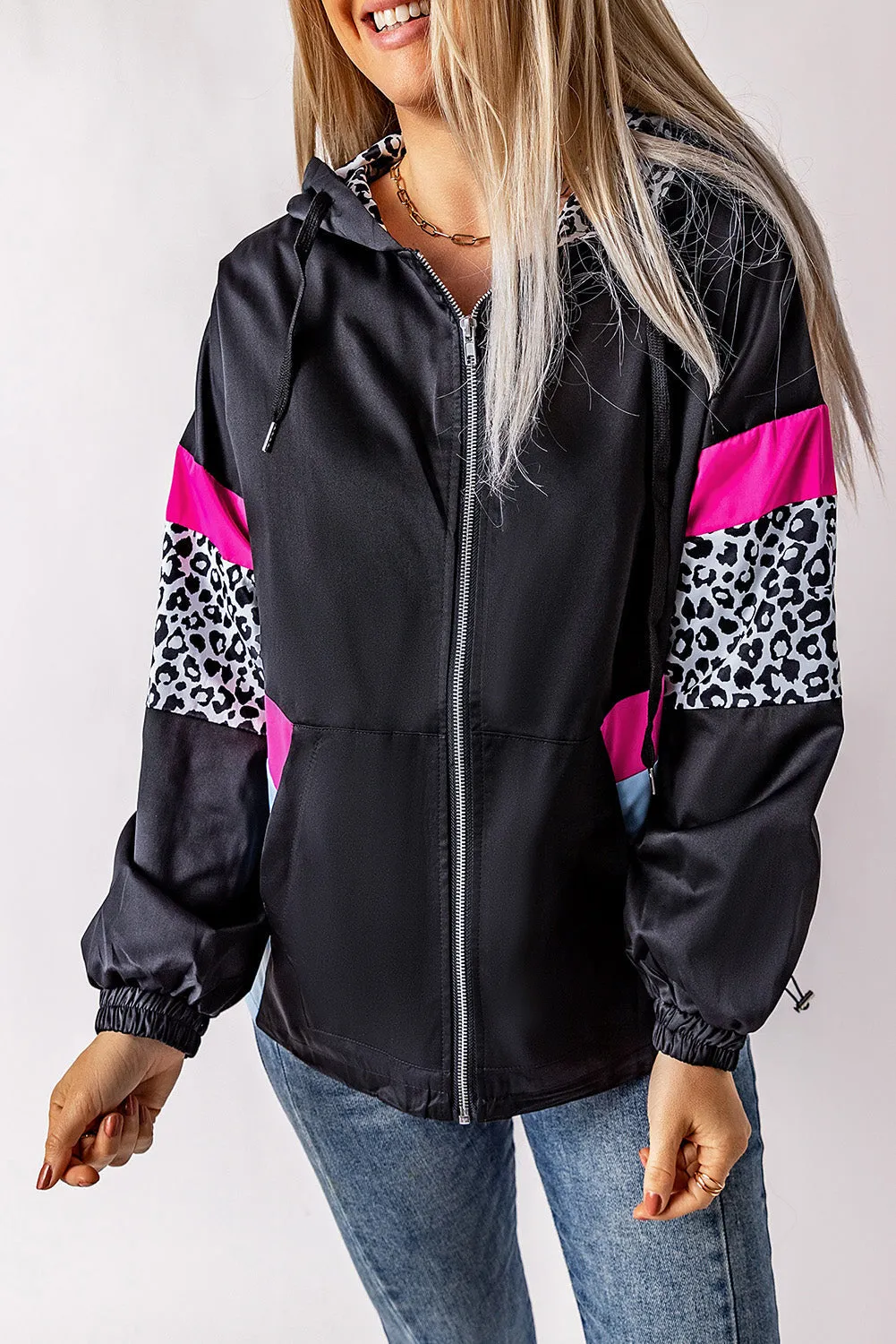 Black Leopard Color Block Pockets Zip-Up Hooded Jacket