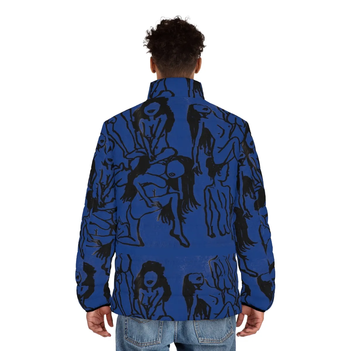 Blue Nude Art Men's Jacket, Best Regular Fit Polyester Men's Puffer Jacket With Stand Up Collar (US Size: S-2XL)