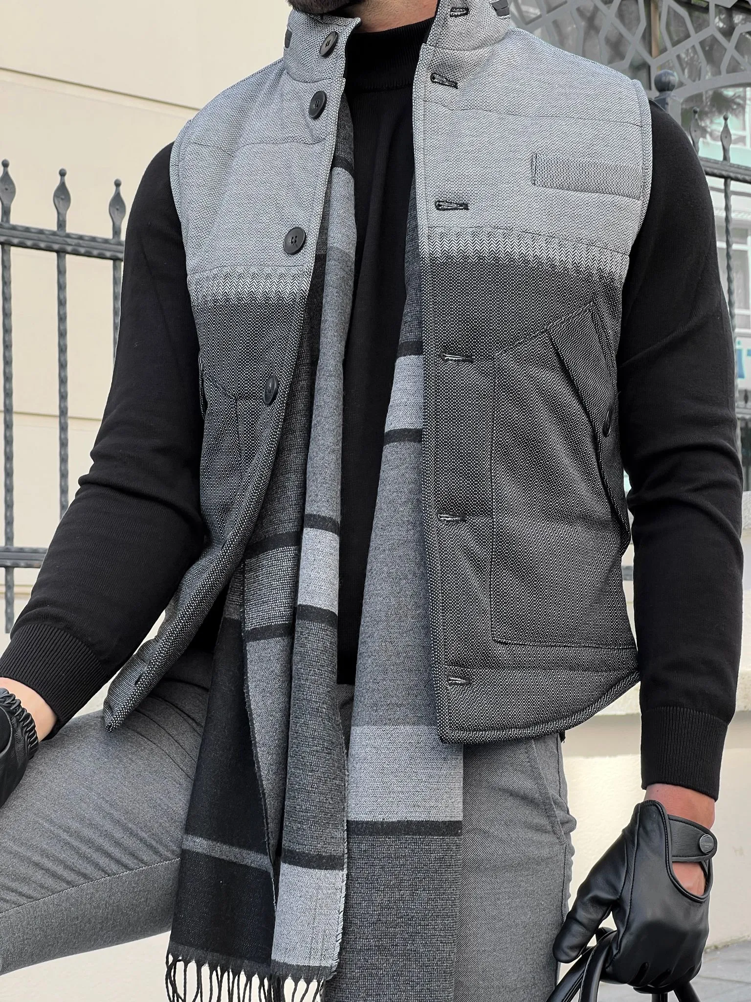 Bojoni Astoria Slim Fit Button Collared Inflatable Gray Vest/Jacket