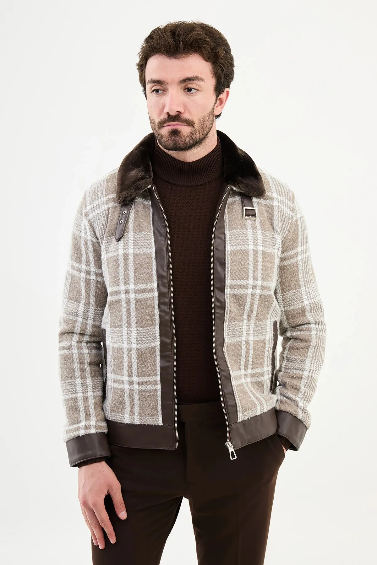 Bojoni Capena Beige Fur Plaid Slim Fit Coat