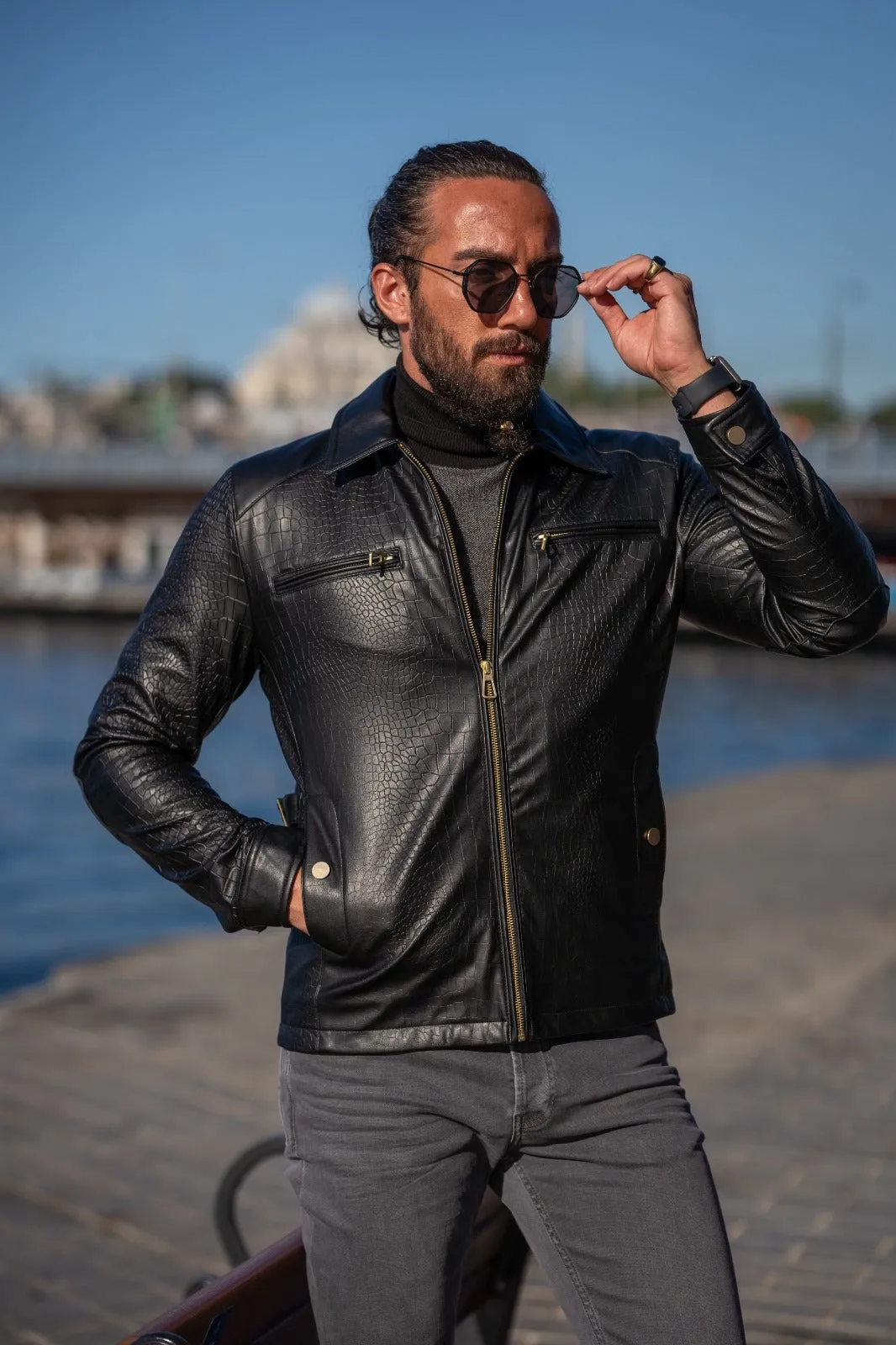 Bojoni Matera Slim Fit Leather Crocodile Style Jacket