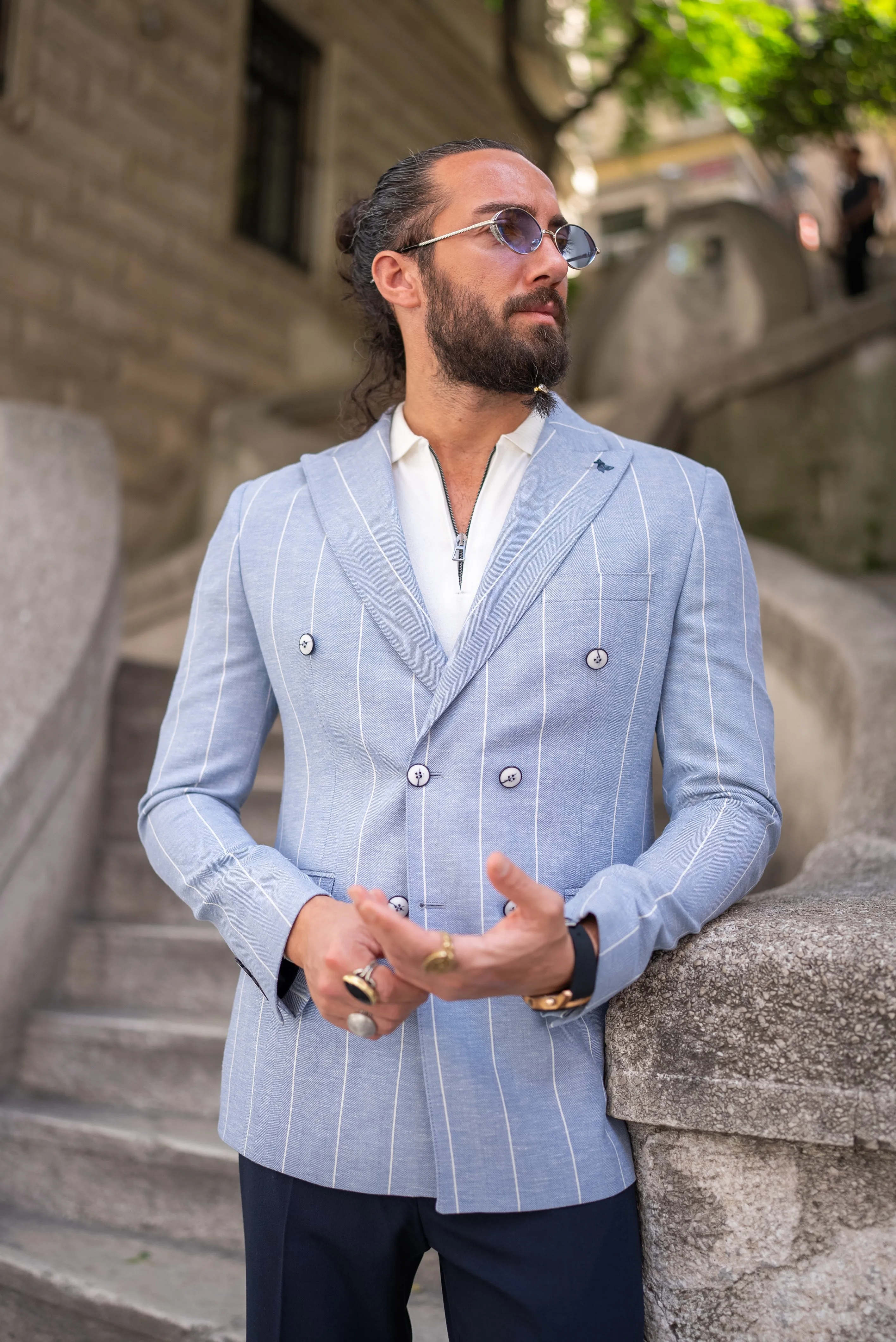 Brabion Noah Sky Blue Slim Fit Double Breasted Striped Blazer