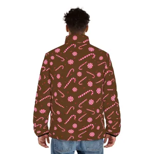 Brown Candy Cane Men's Jacket, Best Christmas Winter Regular Fit Polyester Men's Puffer Jacket With Stand Up Collar (US Size: S-2XL)