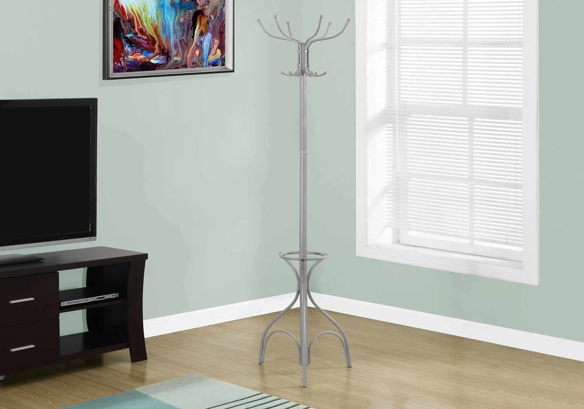 Coat Rack - 70"H / Silver Metal With An Umbrella Holder