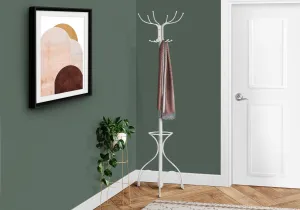 Coat Rack, Hall Tree, Free Standing, 12 Hooks, Entryway, 70"h, Umbrella Holder, Bedroom, White Metal, Contemporary, Modern