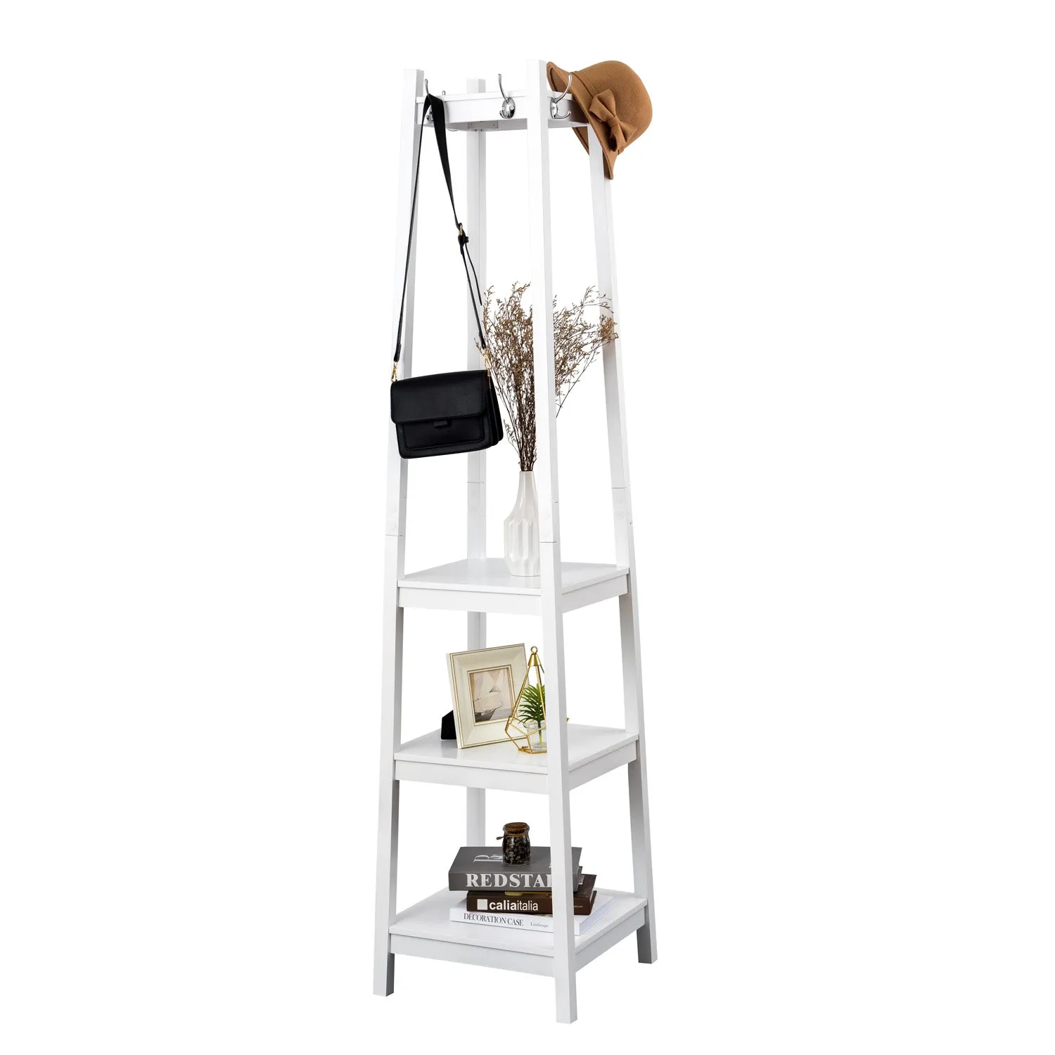 Coat Rack Stand with 8 Hooks and Storage Shelves,White