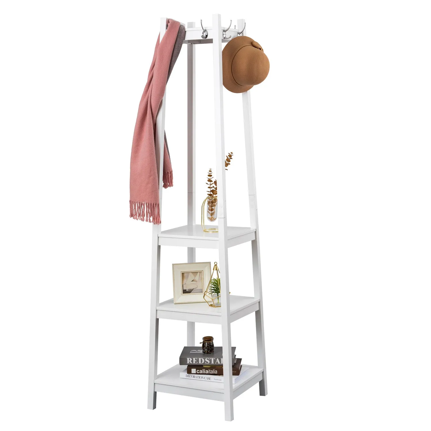 Coat Rack Stand with 8 Hooks and Storage Shelves,White