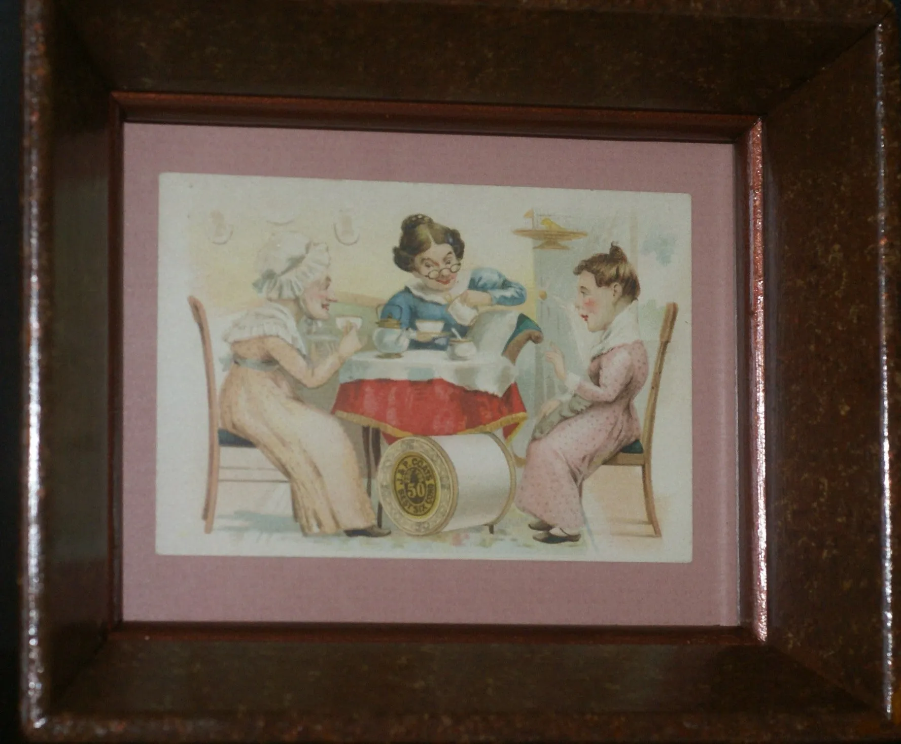 EPHEMERA AMERICANA WHIMSICAL ART: 1887 FRAMED PROFESSIONALLY IN HAND PAINTED FRAME BY ARTIST AND MATTED, ANTIQUE VICTORIAN ADVERTISING TRADE CARD: J.& P Coats, GOSSIPERS WOMEN (DFPO2U) DESIGNER COLLECTOR COLLECTIBLE DELIGHTFUL WALL DÉCOR