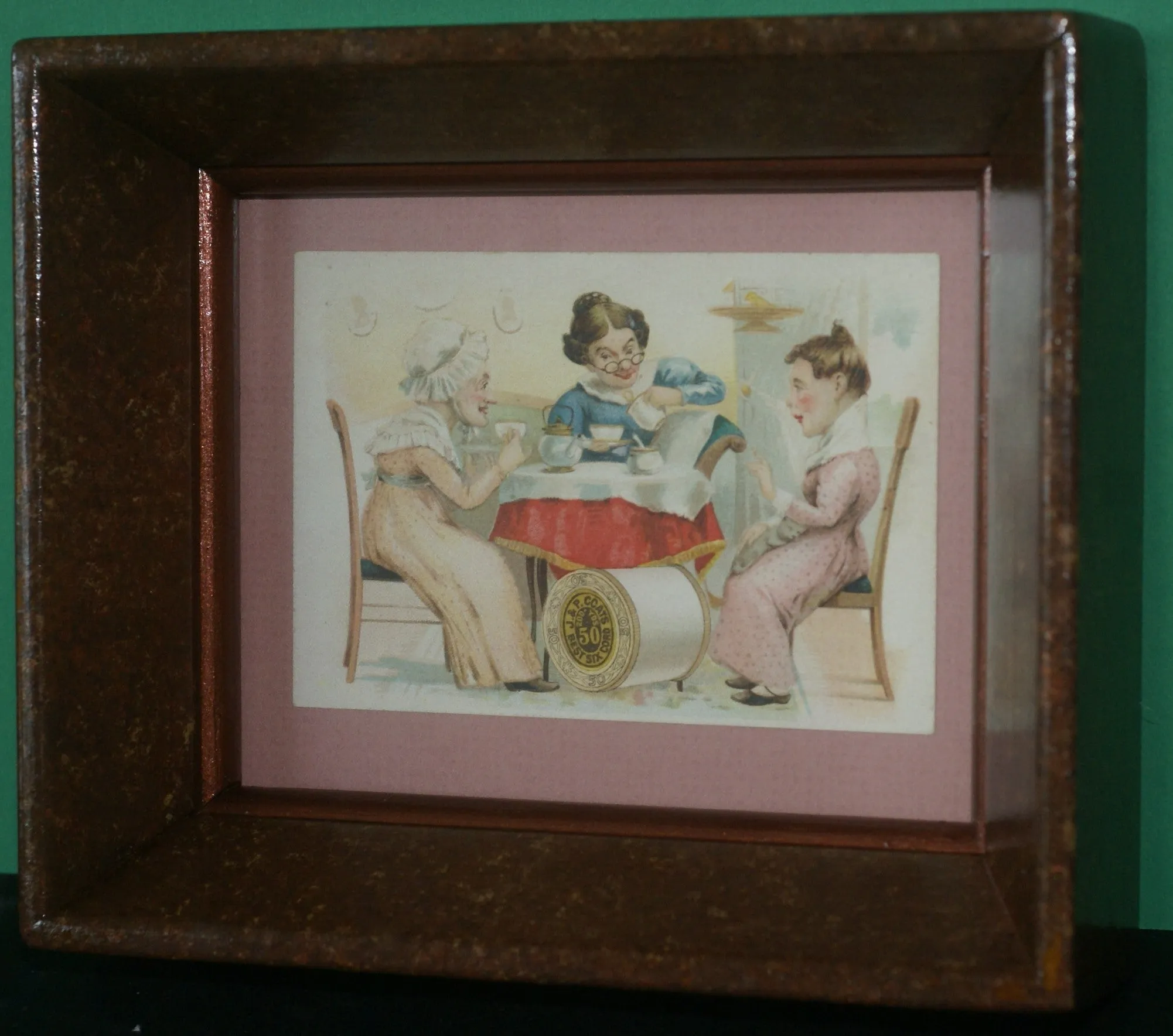 EPHEMERA AMERICANA WHIMSICAL ART: 1887 FRAMED PROFESSIONALLY IN HAND PAINTED FRAME BY ARTIST AND MATTED, ANTIQUE VICTORIAN ADVERTISING TRADE CARD: J.& P Coats, GOSSIPERS WOMEN (DFPO2U) DESIGNER COLLECTOR COLLECTIBLE DELIGHTFUL WALL DÉCOR