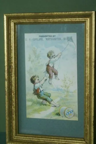 EPHEMERA AMERICANA WHIMSICAL ART: 1887 FRAMED PROFESSIONALLY IN HAND PAINTED FRAME BY ARTIST AND MATTED, ANTIQUE VICTORIAN ADVERTISING TRADE CARD: J.& P Coats, GOSSIPERS WOMEN (DFPO2U) DESIGNER COLLECTOR COLLECTIBLE DELIGHTFUL WALL DÉCOR