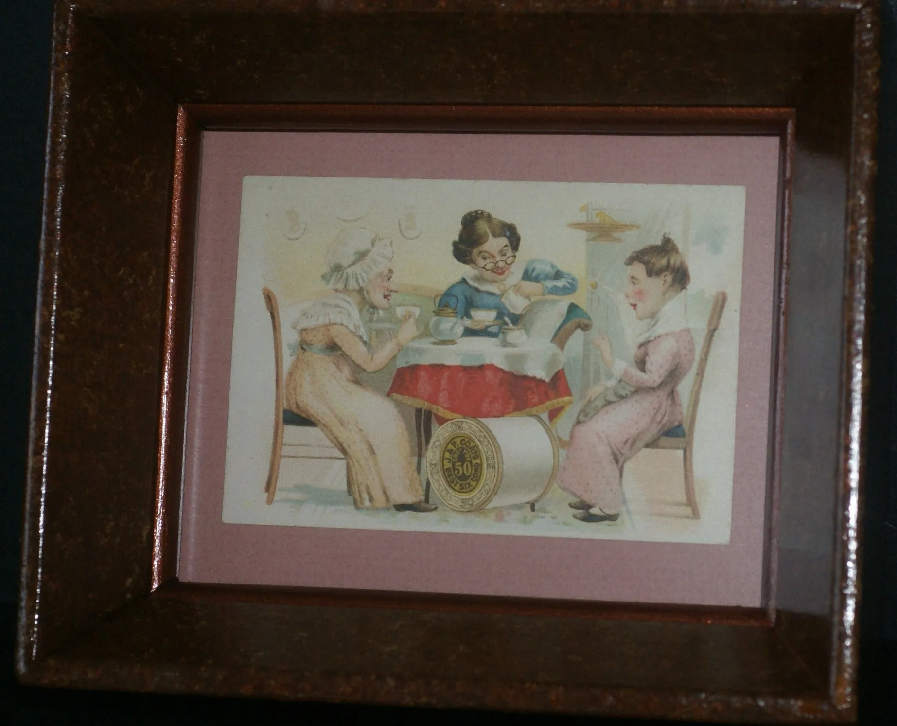 EPHEMERA AMERICANA WHIMSICAL ART: 1887 FRAMED PROFESSIONALLY IN HAND PAINTED FRAME BY ARTIST AND MATTED, ANTIQUE VICTORIAN ADVERTISING TRADE CARD: J.& P Coats, GOSSIPERS WOMEN (DFPO2U) DESIGNER COLLECTOR COLLECTIBLE DELIGHTFUL WALL DÉCOR