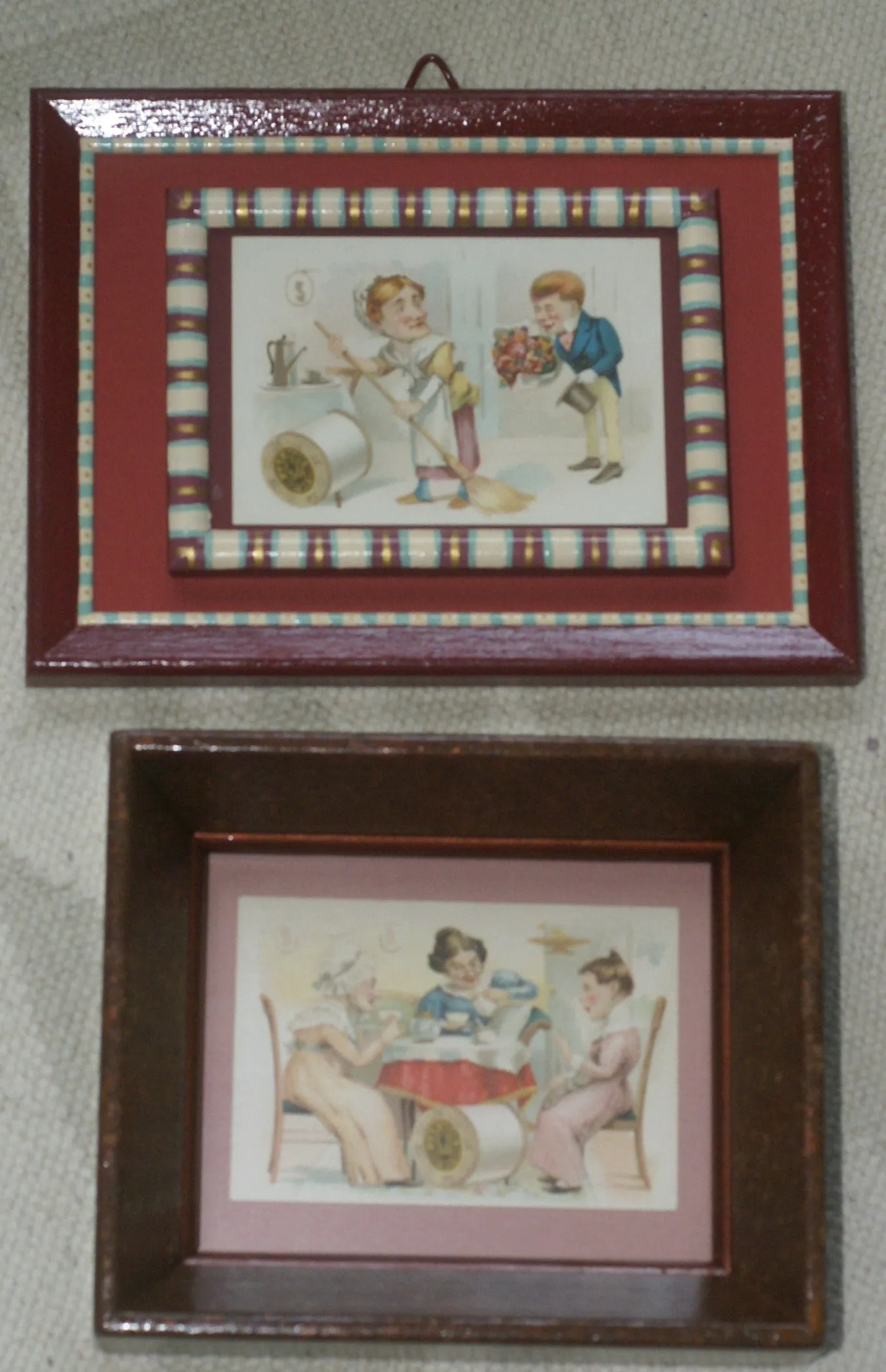 EPHEMERA AMERICANA WHIMSICAL ART: 1887 FRAMED PROFESSIONALLY IN HAND PAINTED FRAME BY ARTIST AND MATTED, ANTIQUE VICTORIAN ADVERTISING TRADE CARD: J.& P Coats, GOSSIPERS WOMEN (DFPO2U) DESIGNER COLLECTOR COLLECTIBLE DELIGHTFUL WALL DÉCOR