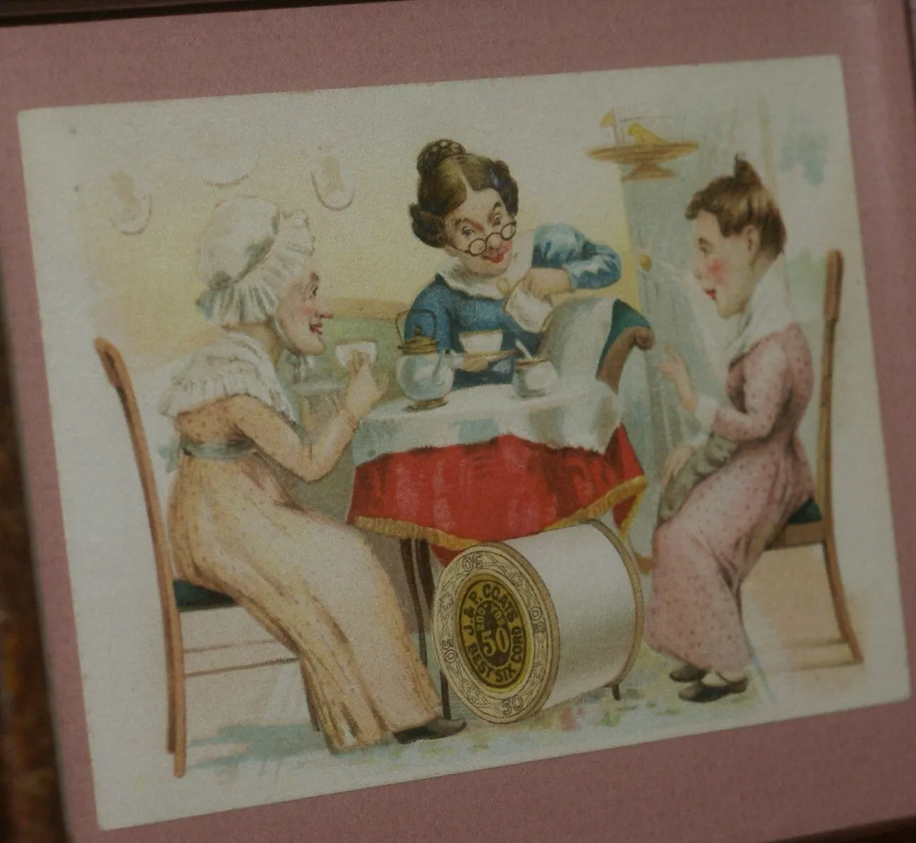 EPHEMERA AMERICANA WHIMSICAL ART: 1887 FRAMED PROFESSIONALLY IN HAND PAINTED FRAME BY ARTIST AND MATTED, ANTIQUE VICTORIAN ADVERTISING TRADE CARD: J.& P Coats, GOSSIPERS WOMEN (DFPO2U) DESIGNER COLLECTOR COLLECTIBLE DELIGHTFUL WALL DÉCOR