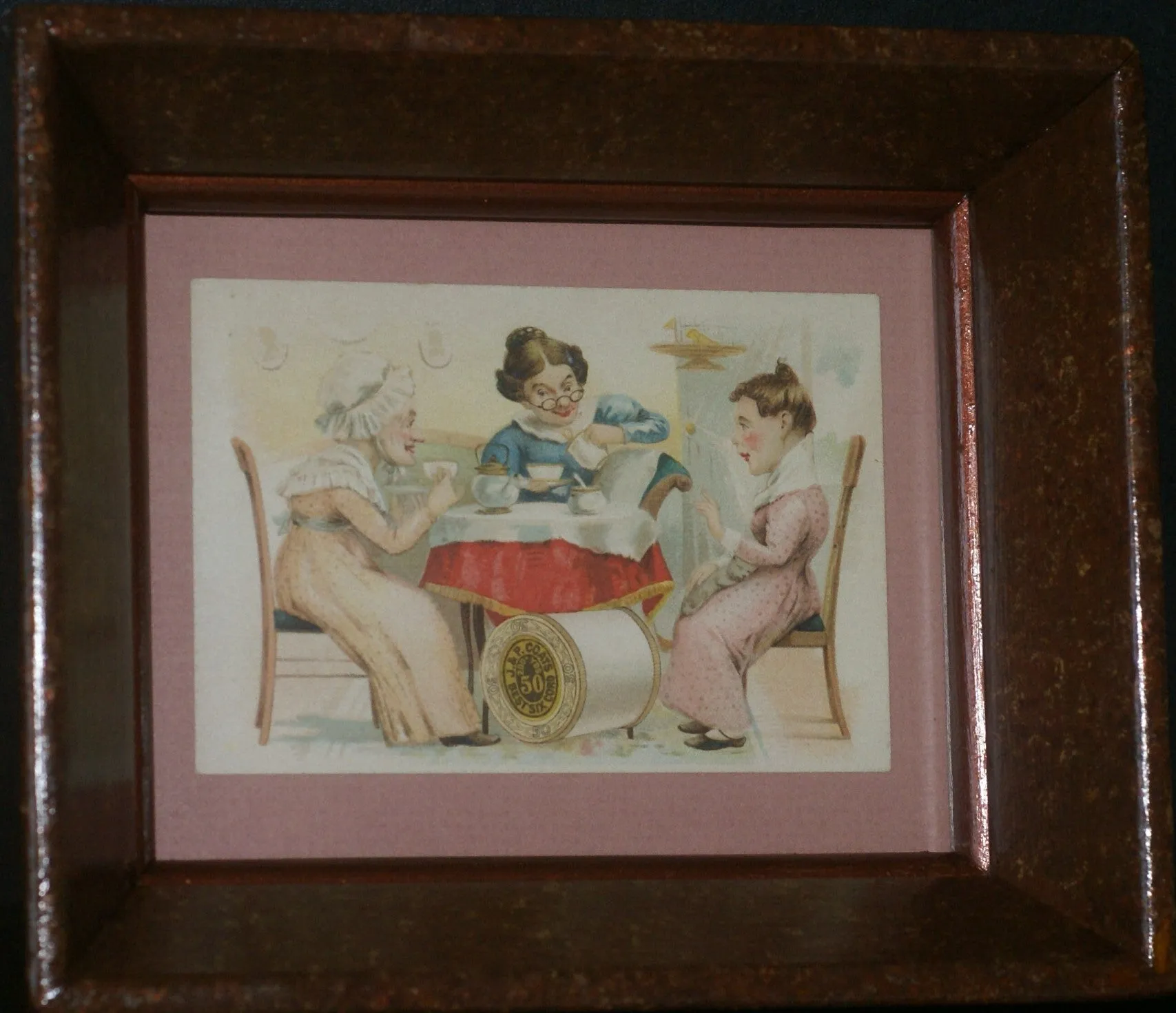 EPHEMERA AMERICANA WHIMSICAL ART: 1887 FRAMED PROFESSIONALLY IN HAND PAINTED FRAME BY ARTIST AND MATTED, ANTIQUE VICTORIAN ADVERTISING TRADE CARD: J.& P Coats, GOSSIPERS WOMEN (DFPO2U) DESIGNER COLLECTOR COLLECTIBLE DELIGHTFUL WALL DÉCOR