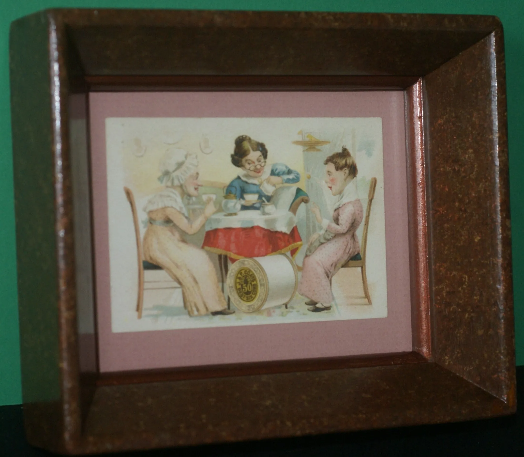 EPHEMERA AMERICANA WHIMSICAL ART: 1887 FRAMED PROFESSIONALLY IN HAND PAINTED FRAME BY ARTIST AND MATTED, ANTIQUE VICTORIAN ADVERTISING TRADE CARD: J.& P Coats, GOSSIPERS WOMEN (DFPO2U) DESIGNER COLLECTOR COLLECTIBLE DELIGHTFUL WALL DÉCOR