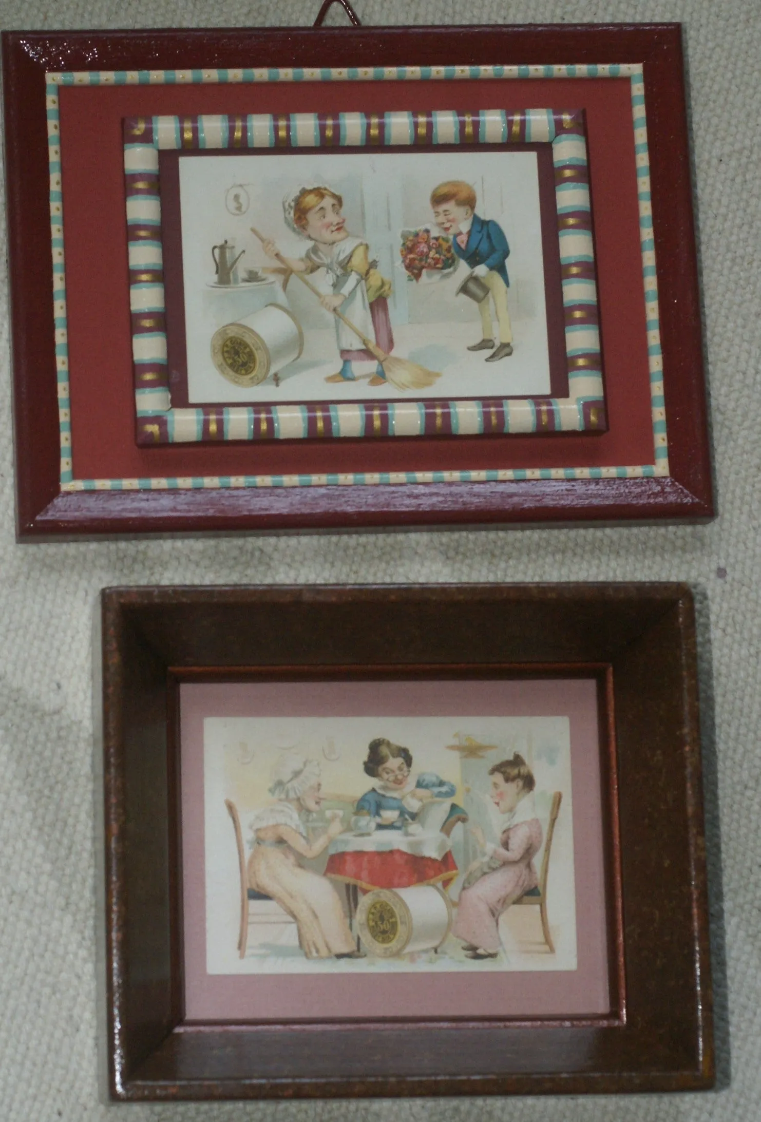 EPHEMERA AMERICANA WHIMSICAL ART: 1887 FRAMED PROFESSIONALLY IN HAND PAINTED FRAME BY ARTIST AND MATTED, ANTIQUE VICTORIAN ADVERTISING TRADE CARD: J.& P Coats, GOSSIPERS WOMEN (DFPO2U) DESIGNER COLLECTOR COLLECTIBLE DELIGHTFUL WALL DÉCOR