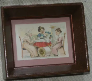 EPHEMERA AMERICANA WHIMSICAL ART: 1887 FRAMED PROFESSIONALLY IN HAND PAINTED FRAME BY ARTIST AND MATTED, ANTIQUE VICTORIAN ADVERTISING TRADE CARD: J.& P Coats, GOSSIPERS WOMEN (DFPO2U) DESIGNER COLLECTOR COLLECTIBLE DELIGHTFUL WALL DÉCOR