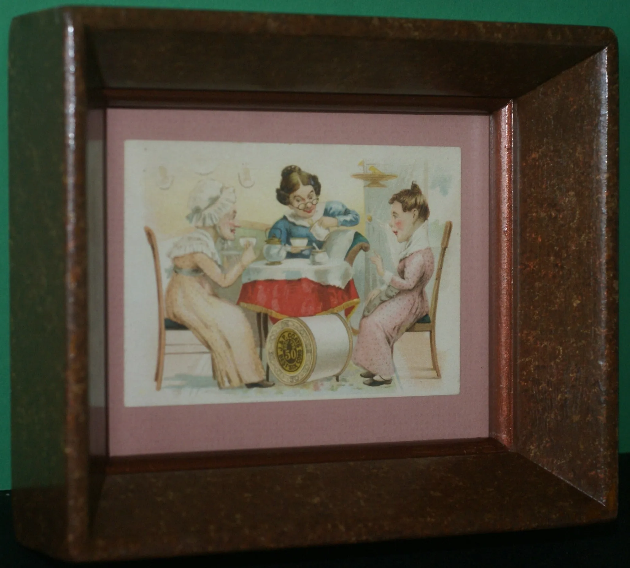 EPHEMERA AMERICANA WHIMSICAL ART: 1887 FRAMED PROFESSIONALLY IN HAND PAINTED FRAME BY ARTIST AND MATTED, ANTIQUE VICTORIAN ADVERTISING TRADE CARD: J.& P Coats, GOSSIPERS WOMEN (DFPO2U) DESIGNER COLLECTOR COLLECTIBLE DELIGHTFUL WALL DÉCOR