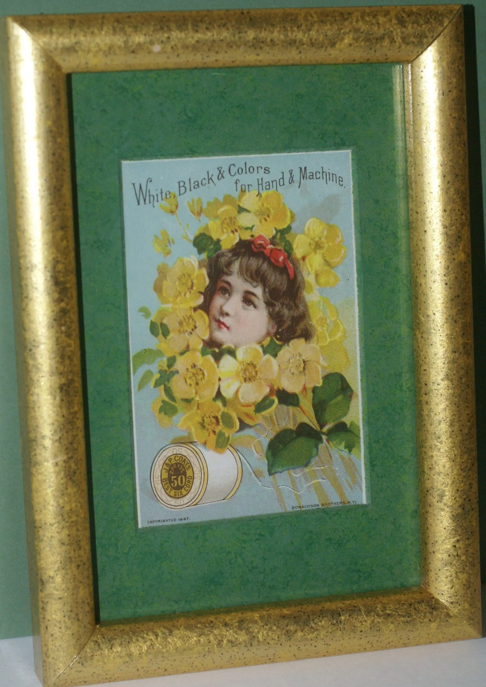 EPHEMERA AMERICANA WHIMSICAL ART: 1887 MATTED FRAMED WITH STAND, ANTIQUE AD VICTORIAN ADVERTISING TRADE CARD: J.& P. Coats GIRL YELLOW BOUQUET (DFPO1X) DESIGNER COLLECTOR COLLECTIBLE DELIGHTFUL WALL DÉCOR