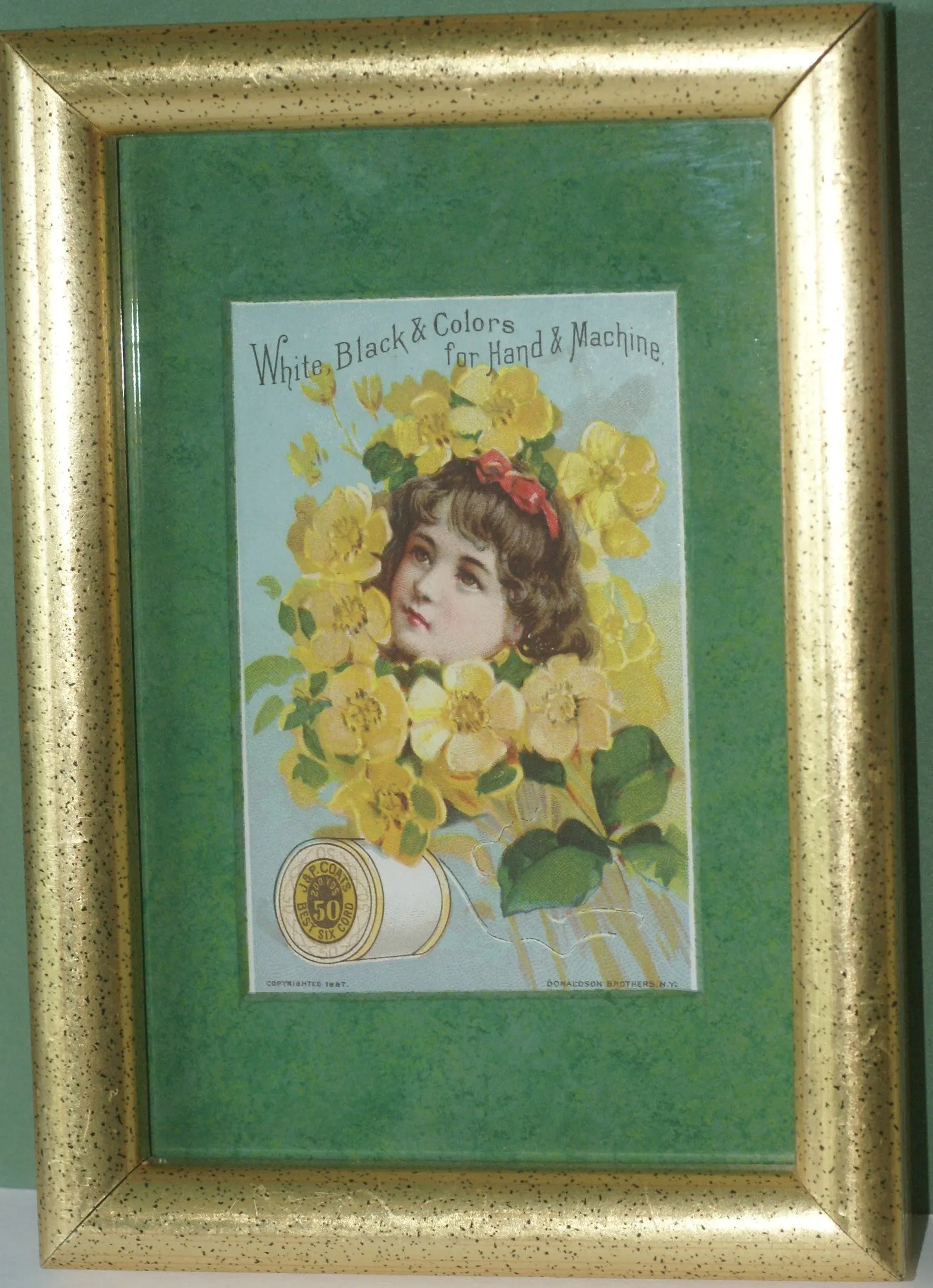 EPHEMERA AMERICANA WHIMSICAL ART: 1887 MATTED FRAMED WITH STAND, ANTIQUE AD VICTORIAN ADVERTISING TRADE CARD: J.& P. Coats GIRL YELLOW BOUQUET (DFPO1X) DESIGNER COLLECTOR COLLECTIBLE DELIGHTFUL WALL DÉCOR