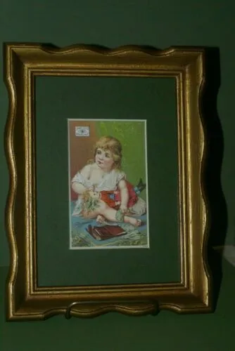 EPHEMERA AMERICANA WHIMSICAL ART: 1887 MATTED FRAMED WITH STAND, ANTIQUE AD VICTORIAN ADVERTISING TRADE CARD: J.& P. Coats GIRL YELLOW BOUQUET (DFPO1X) DESIGNER COLLECTOR COLLECTIBLE DELIGHTFUL WALL DÉCOR