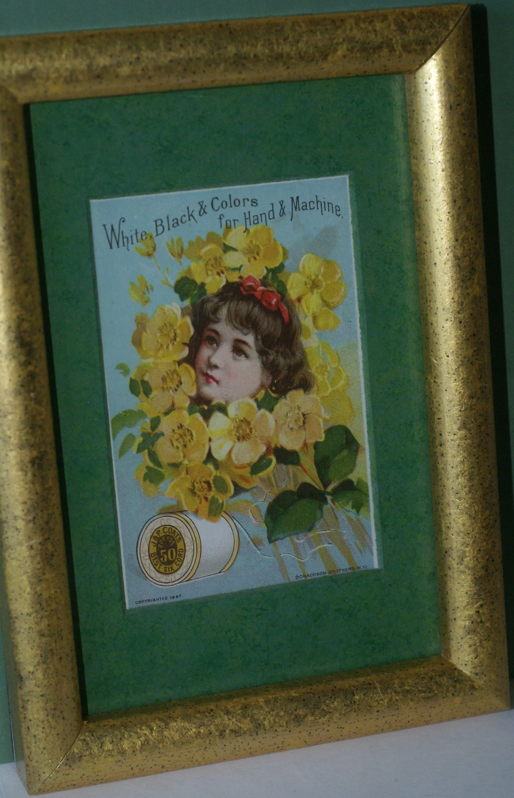 EPHEMERA AMERICANA WHIMSICAL ART: 1887 MATTED FRAMED WITH STAND, ANTIQUE AD VICTORIAN ADVERTISING TRADE CARD: J.& P. Coats GIRL YELLOW BOUQUET (DFPO1X) DESIGNER COLLECTOR COLLECTIBLE DELIGHTFUL WALL DÉCOR