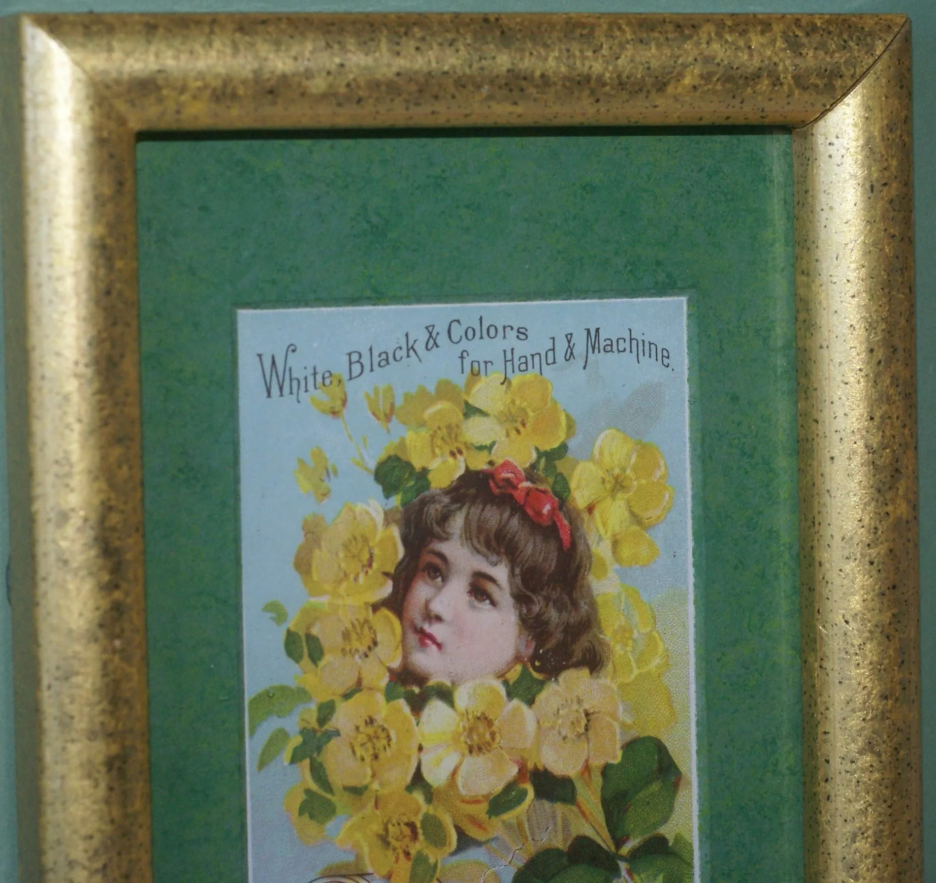 EPHEMERA AMERICANA WHIMSICAL ART: 1887 MATTED FRAMED WITH STAND, ANTIQUE AD VICTORIAN ADVERTISING TRADE CARD: J.& P. Coats GIRL YELLOW BOUQUET (DFPO1X) DESIGNER COLLECTOR COLLECTIBLE DELIGHTFUL WALL DÉCOR