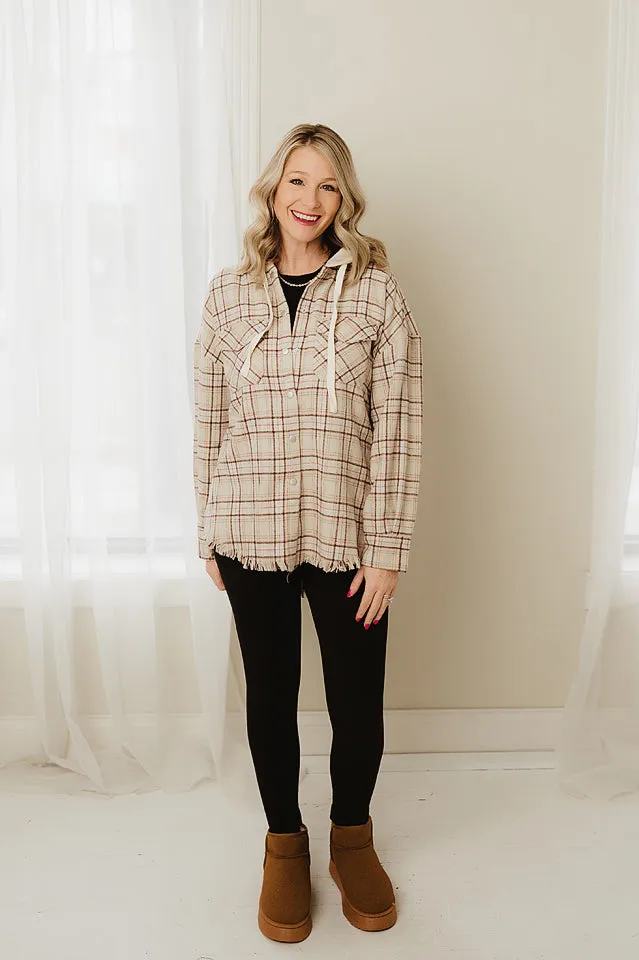 Frayed Hooded Oversized Plaid Shacket