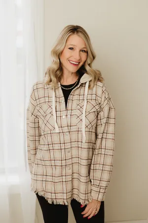 Frayed Hooded Oversized Plaid Shacket