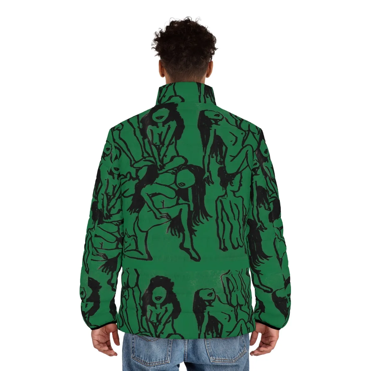 Green Nude Art Men's Jacket, Best Regular Fit Polyester Men's Puffer Jacket With Stand Up Collar (US Size: S-2XL)