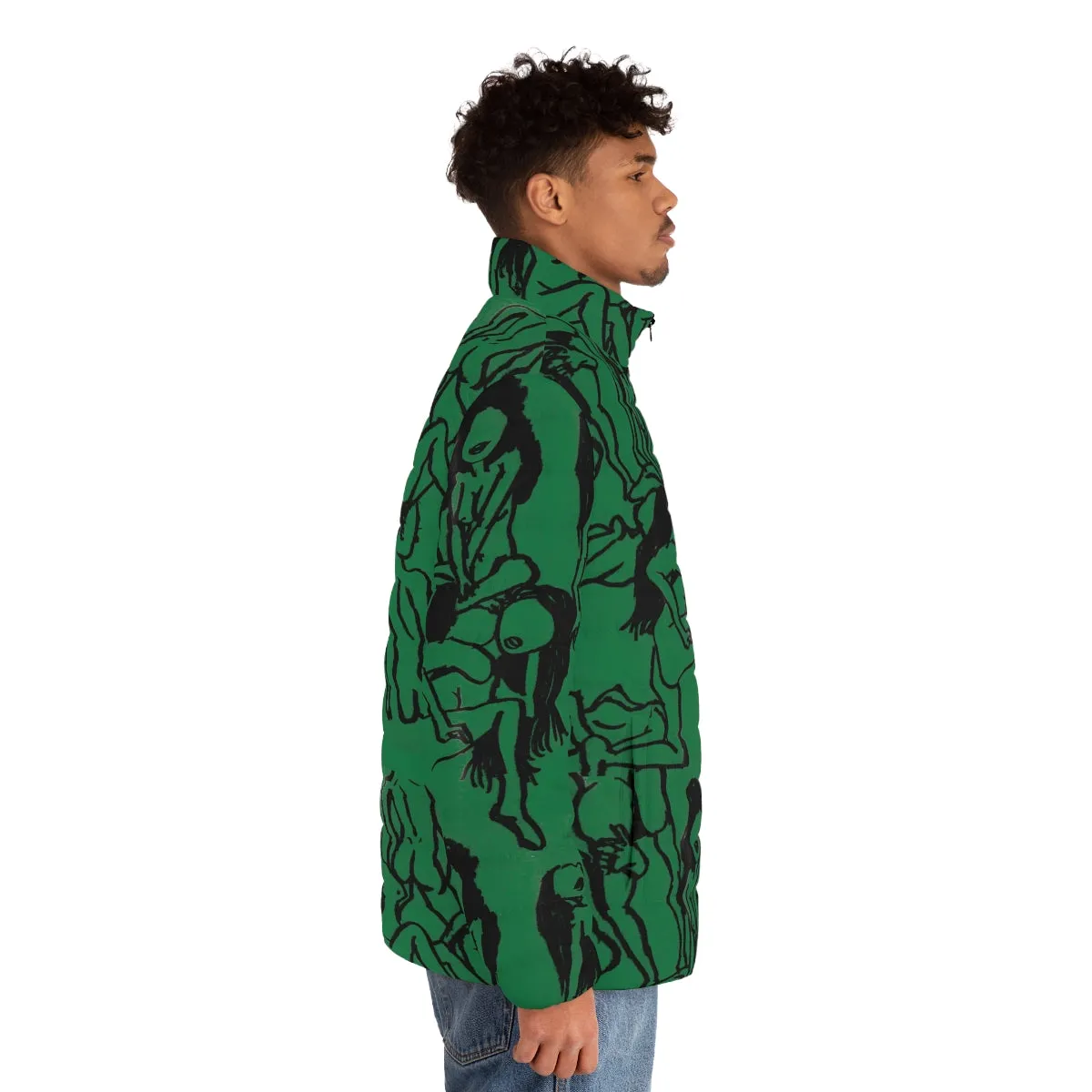 Green Nude Art Men's Jacket, Best Regular Fit Polyester Men's Puffer Jacket With Stand Up Collar (US Size: S-2XL)