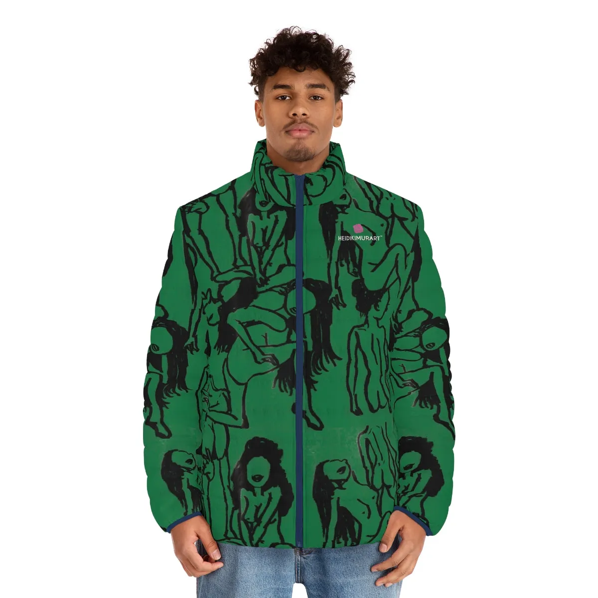 Green Nude Art Men's Jacket, Best Regular Fit Polyester Men's Puffer Jacket With Stand Up Collar (US Size: S-2XL)