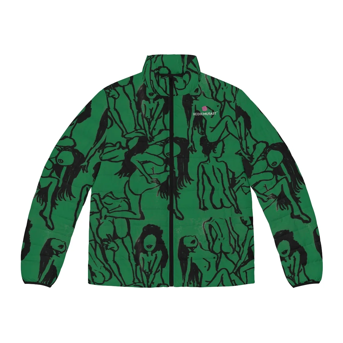 Green Nude Art Men's Jacket, Best Regular Fit Polyester Men's Puffer Jacket With Stand Up Collar (US Size: S-2XL)