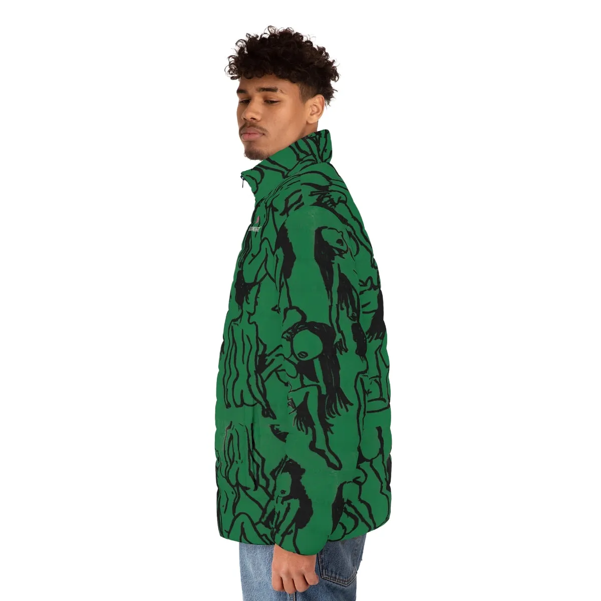 Green Nude Art Men's Jacket, Best Regular Fit Polyester Men's Puffer Jacket With Stand Up Collar (US Size: S-2XL)