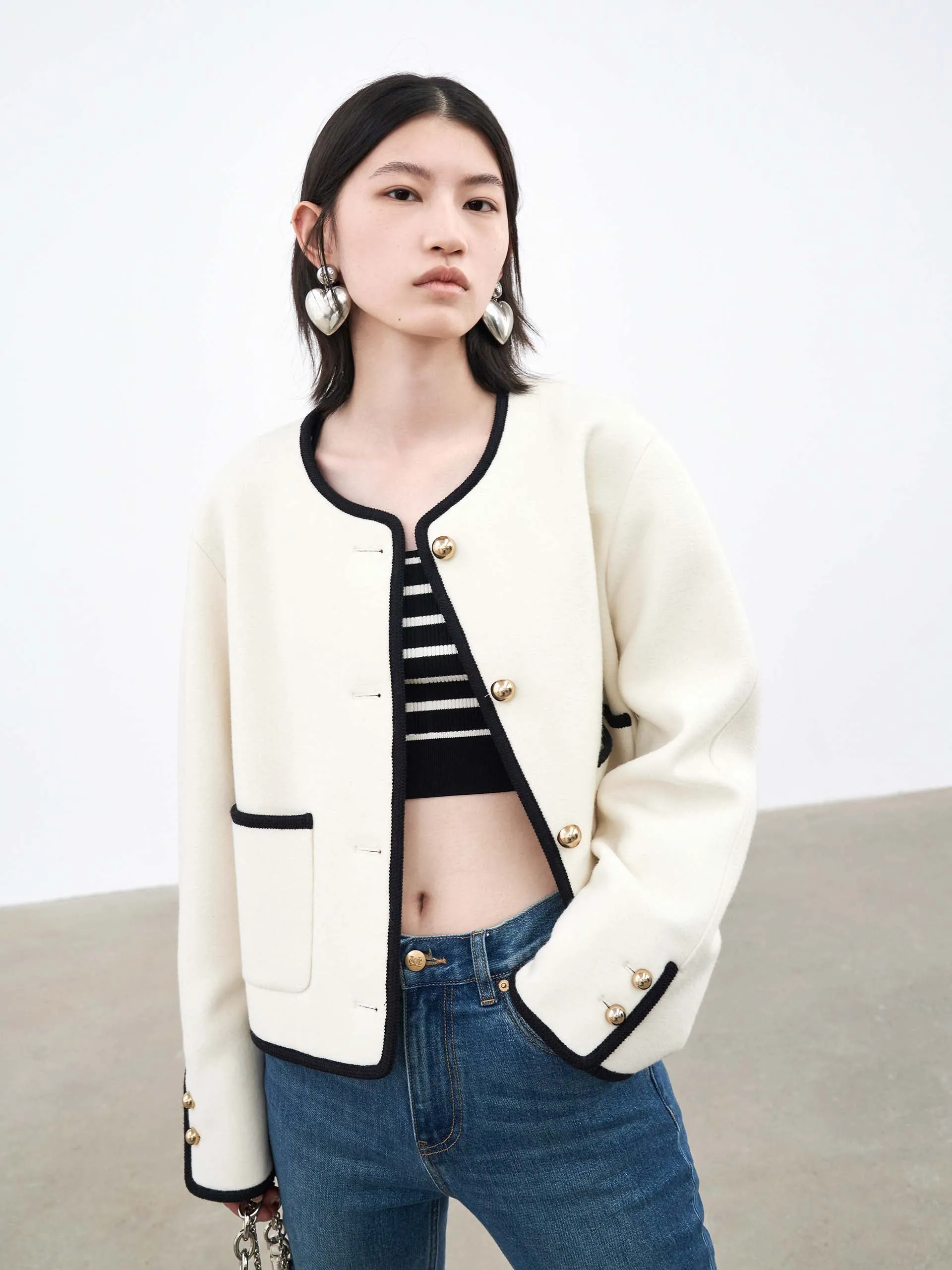 HOT SALE Contrast Single-breasted Collarless Coat