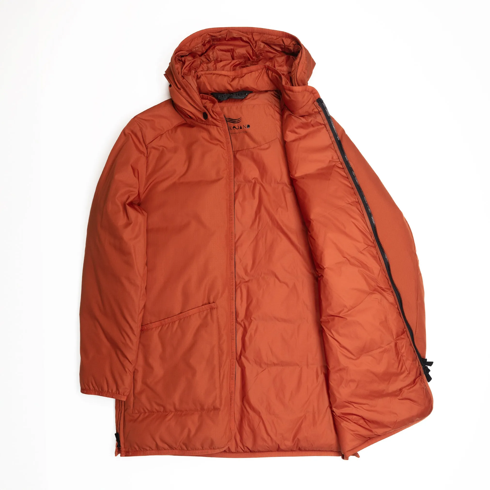 Long Insulated Hooded Jacket in Dark Orange