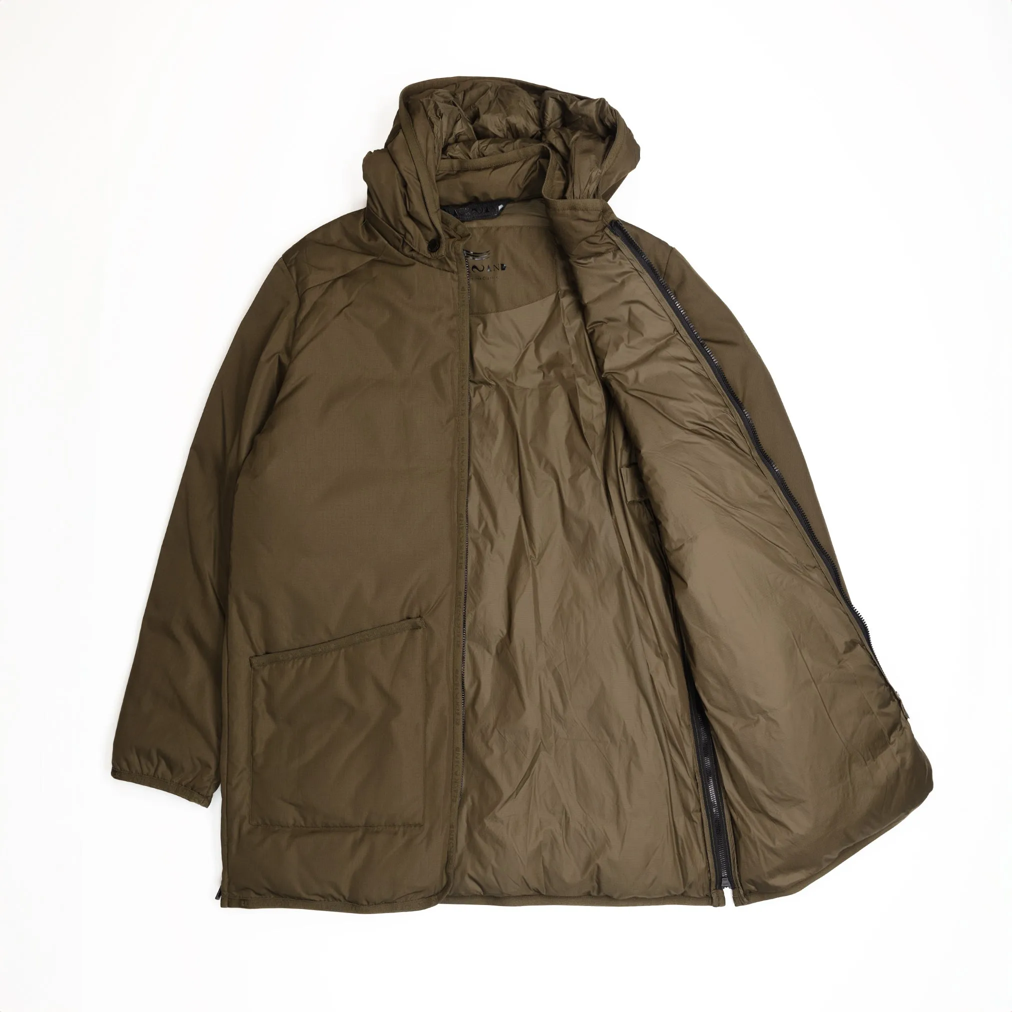 Long Insulated Hooded Jacket in Olive