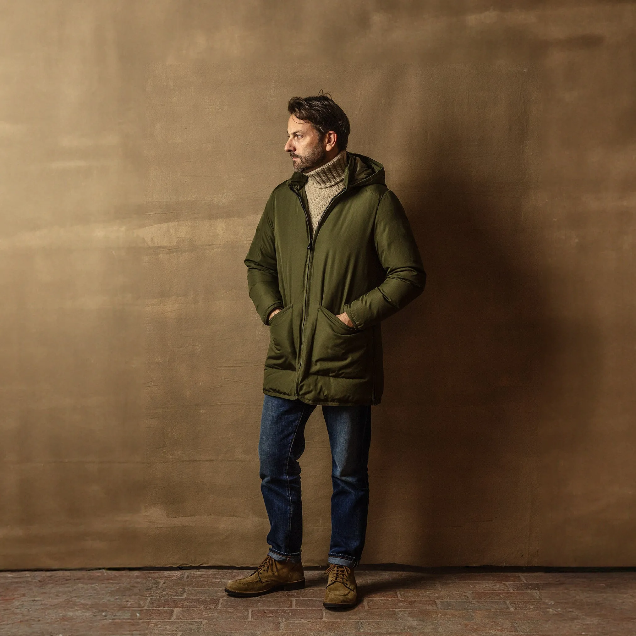 Long Insulated Hooded Jacket in Olive