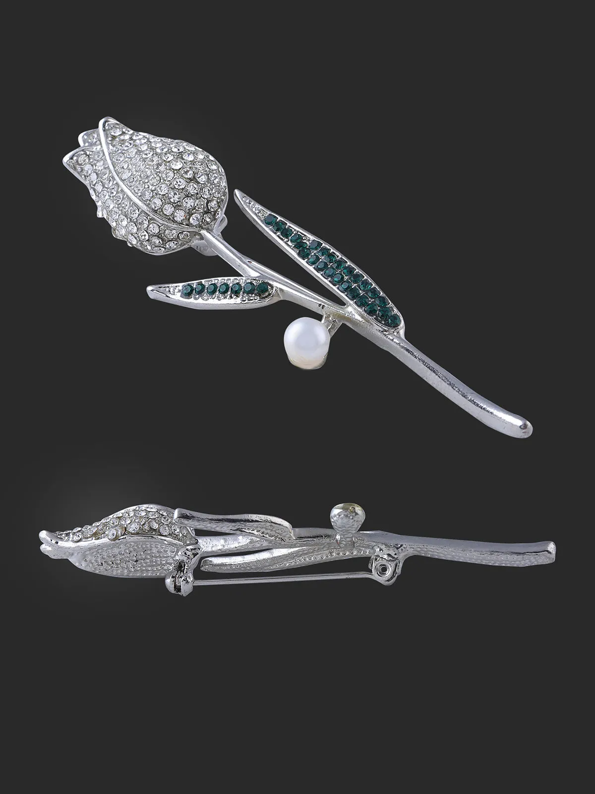 Long Stem Rose Flower Diamond Brooch