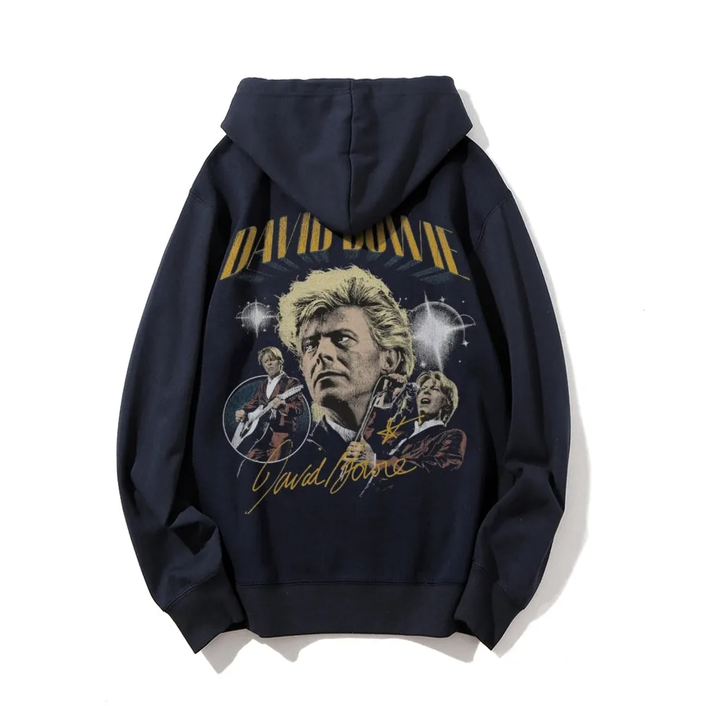 Mens Vintage David Bowie Print Graphic Pullover With Kangaroo Pocket Hoodies