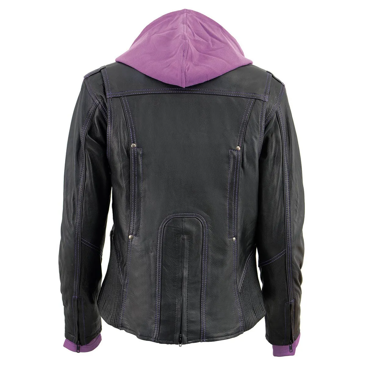 Milwaukee Leather ML2067 Women's 3/4 Black and Purple Leather Hoodie Jacket with Reflective Tribal Design