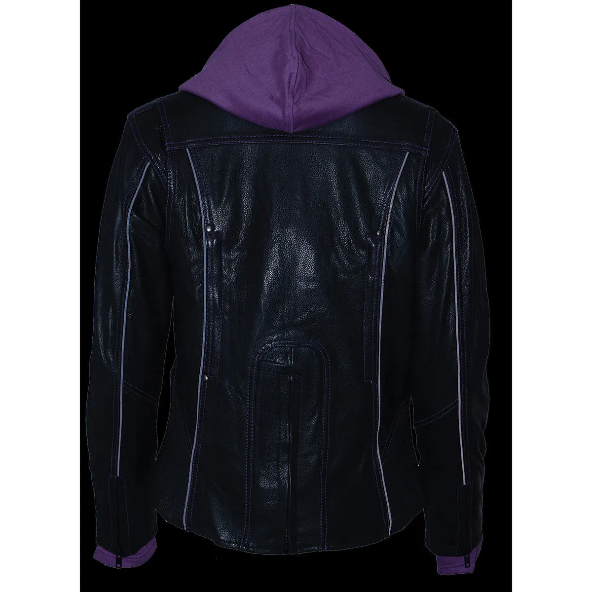 Milwaukee Leather ML2067 Women's 3/4 Black and Purple Leather Hoodie Jacket with Reflective Tribal Design